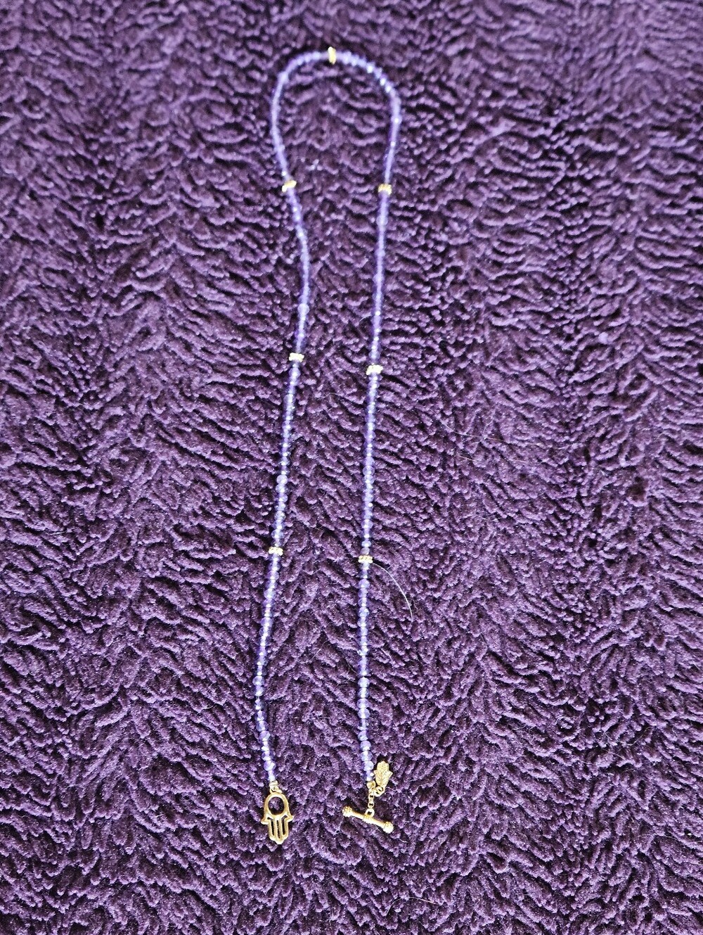 Long Purple amethyst beaded necklace with Hamsa